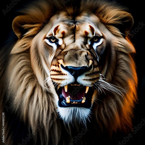 An angry lion with an open mouth. expression of anger. Portrait of a big male lion with open mouth on a dark background.