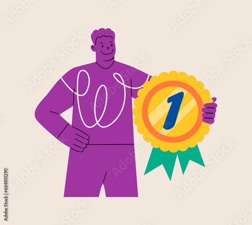 Happy man holding golden medal. Colorful vector illustration