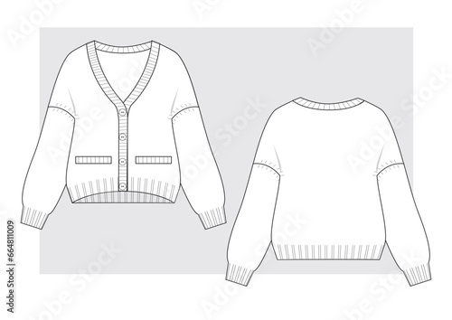Wide oversize cardigan with a v-neck. Technical scketch.