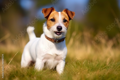 Happy jack russell terrier pet dog waiting, listening in the grass.