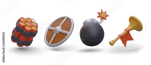 Set of 3D game images. Dynamite, shield, cannon ball with burning cord, bugle with red flag. Concept of battle and victory. Fanfare for winner. Isolated illustration on white background