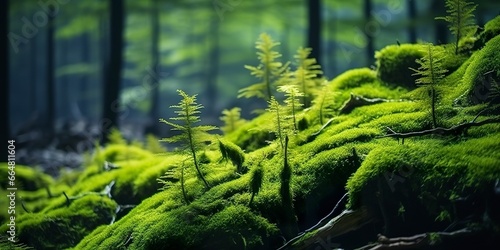Green moss closeup, with a backdrop of woodland. Forest in the national park.