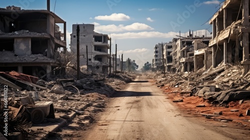 Destroyed buildings in town, Affected by war.