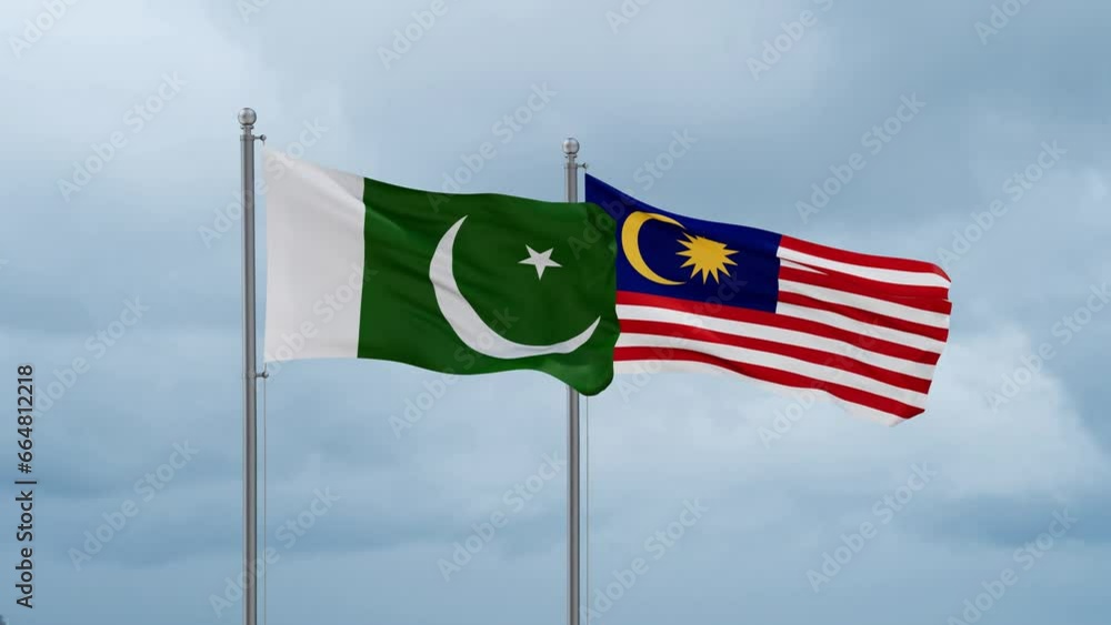Malaysia and Pakistan flag waving together on cloudy sky, endless seamless loop, two country cooperation concept Malaysia and Pakistan flag waving together on cloudy sky, endless seamless loop, two country cooperation concept