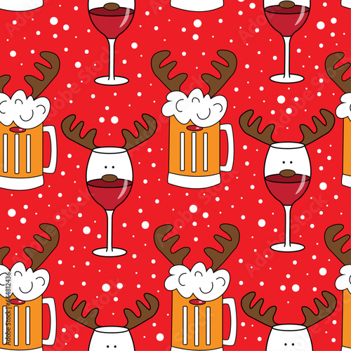 Funny beer mugs and wine glass, with reindeer antler. Seamless pattern for Christmas.
Good for textile print, wrapping paper, and other decoration.