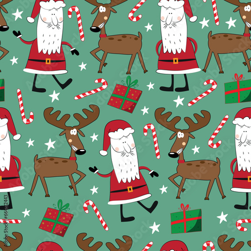 Seamless pattern for Christmas - Cute reindeer and Santa Claus, with candy cane and gift box. Good for wrapping paper, textile print and other decoration.