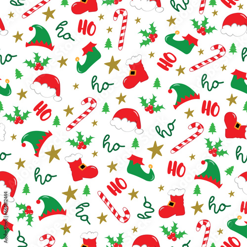 Seamless pattern for Christmas - Ho Ho Ho saying with mistletoe, Santa hat, and boots, Elf hat and shoes, candy cane.