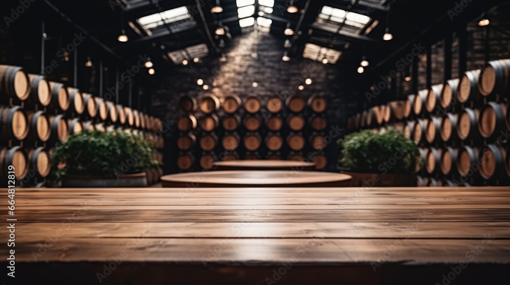 Empty wooden table against the backdrop wine barrels in wine vaults.