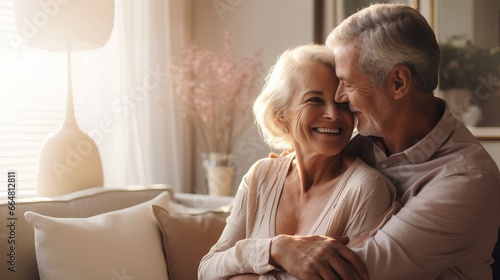 Retired couple hugging with a smile indoors