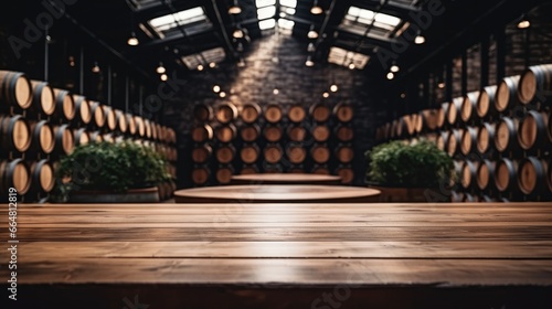 Empty wooden table against the backdrop wine barrels in wine vaults.