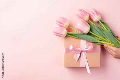 Mother's Day concept. Pink gift box with ribbon bow and a bouquet of tulips. © MdKamrul