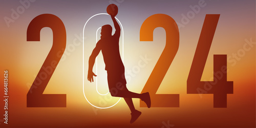 Concept du sport sur le thème du basket pour une carte de vœux 2024, montrant un basketteur sautant le bras tendu pour marquer un panier. photo