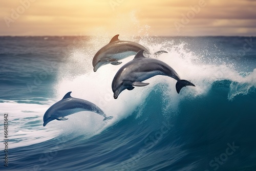 Playful dolphins jumping over breaking waves. Hawaii Pacific Ocean wildlife scenery. © MdKamrul