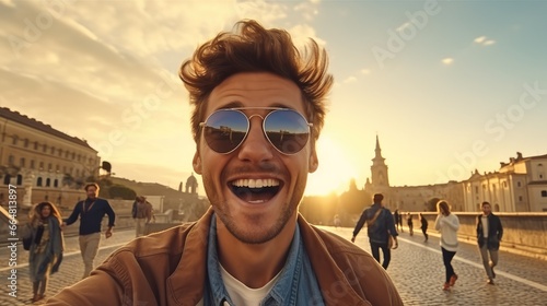 Happy tourist man take a selfie in Italy landmark. Travel concept.