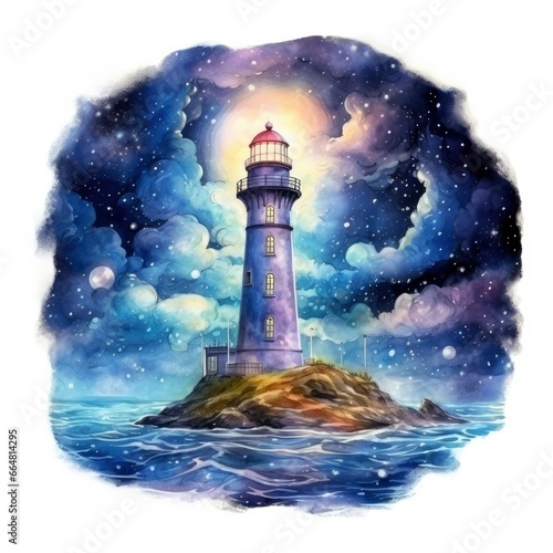 Lighthouse beside the sea at Night. watercolor for T-shirt design.