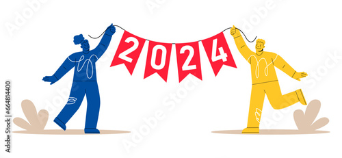 Woman and man holding inscription 2024 new year. Colorful vector illustration