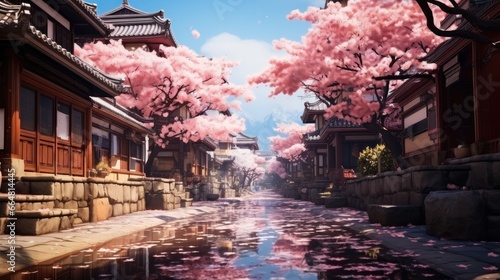 Cherry Blossoms, Idyllic Old Japan Street in Spring, Travel and holidays concept.