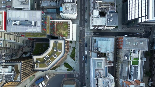 Top-down aerial view of the streets of London city center, England, UK