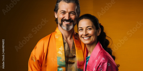 Two people in traditional clothes of different cultures