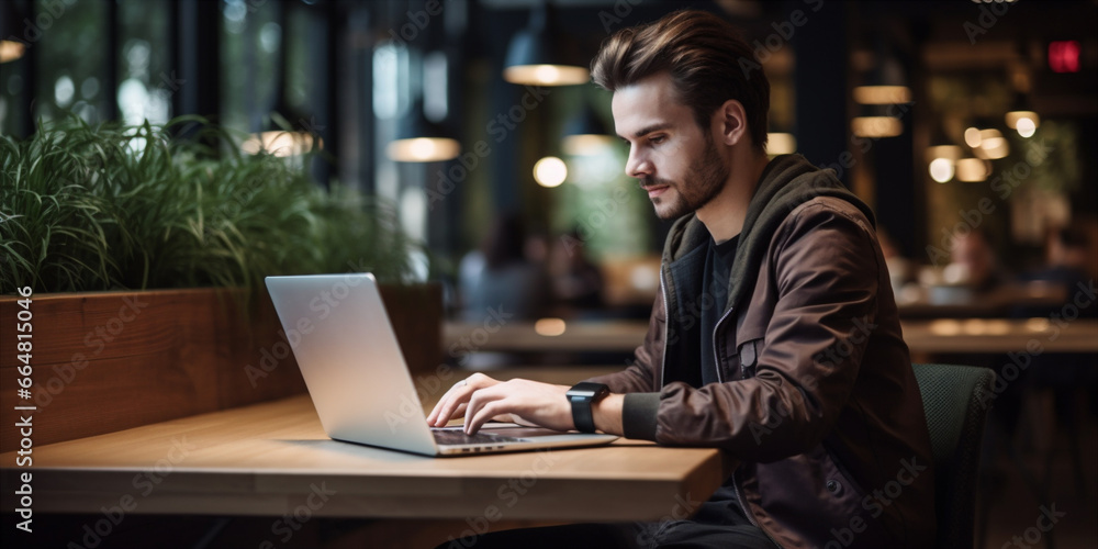 Young man working on a laptop freelancer or student Young man working on a laptop freelancer or student