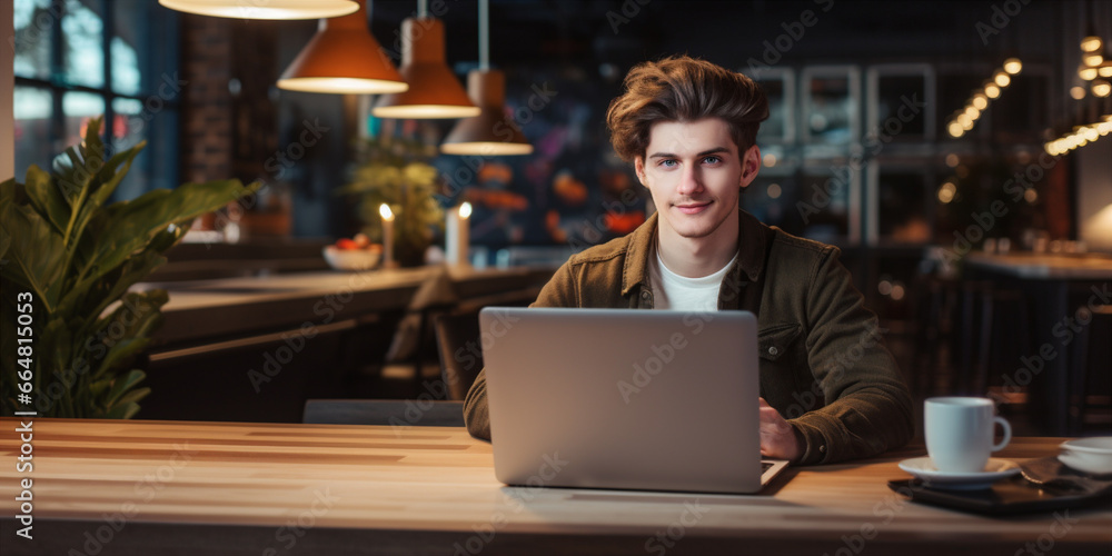 Young man working on a laptop freelancer or student Young man working on a laptop freelancer or student