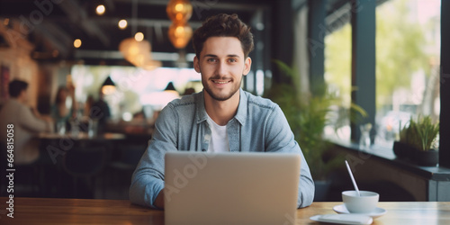 Young man working on a laptop freelancer or student