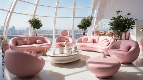 Light pink commercial large space, with chairs, single sofas, coffee tables.