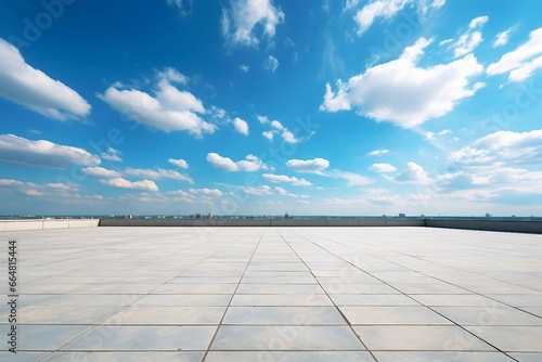 a rooftop with a blue sky and clouds