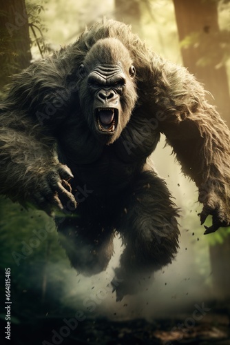 An action-packed scenario of Bigfoot sprinting through a dense forest, demonstrating the speed and agility of this legendary creature, copy space