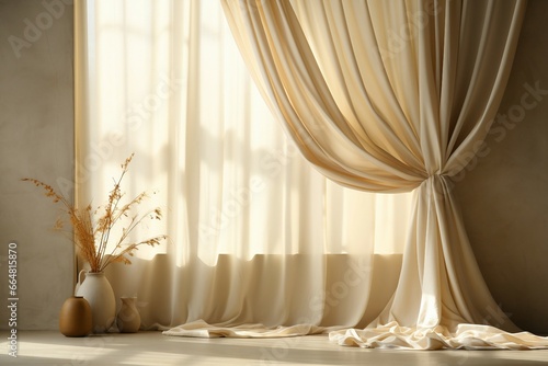 a room with a curtain and vases