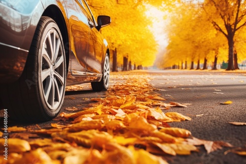 Car on asphalt road on an autumn day at the park. © MdKamrul
