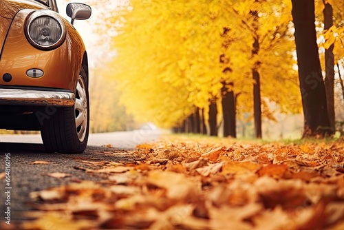 Car on asphalt road on an autumn day at the park. © MdKamrul
