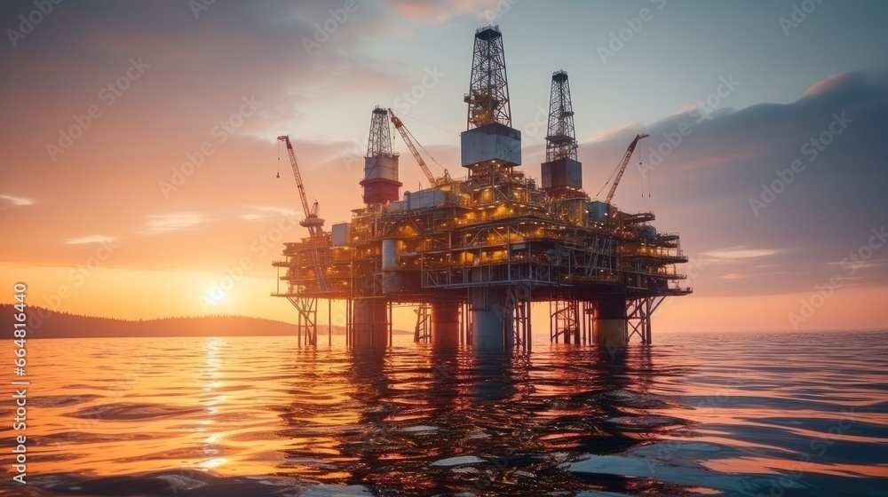 Petroleum production, Platform Oil drilling derricks at sea oilfield.