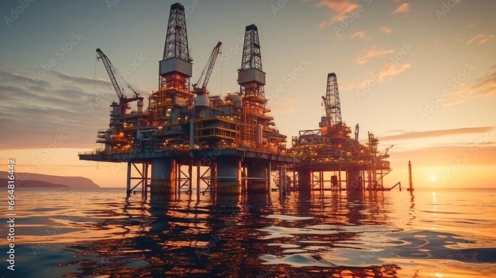 Petroleum production, Platform Oil drilling derricks at sea oilfield.