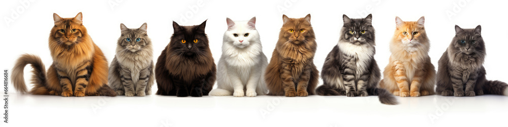 Group of cats in front of a white background. Horizontal shot. copy space. ai generative