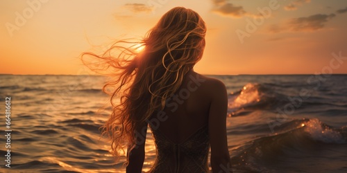 a beautiful backside of a woman with flowing blonde locks gazes at the horizon  her silhouette outlined by the radiant sunset. copy space