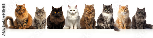 Group of cats in front of a white background. Horizontal shot. copy space. ai generative