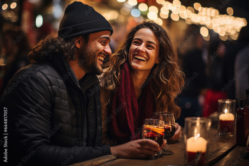 couple souriant et amoureux qui déguste un vin chaud au traditionnel marché de Noël couple souriant et amoureux qui déguste un vin chaud au traditionnel marché de Noël