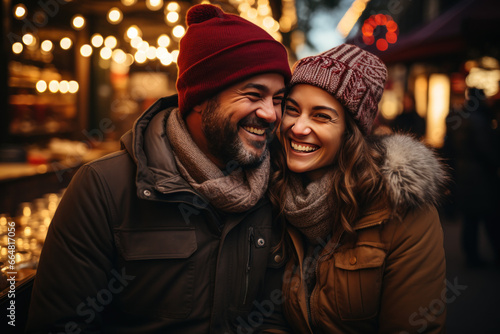 couple souriant et amoureux qui déguste un vin chaud au traditionnel marché de Noël photo