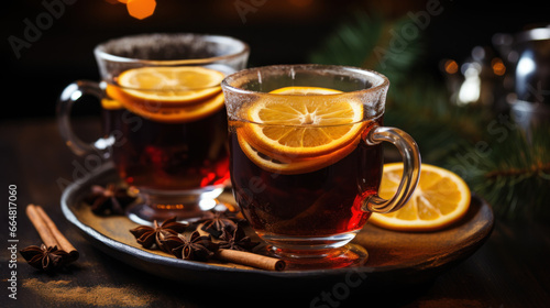 verres de vin chaud de Noël avec oranges et épices sur table en bois, ambiance chaleureuse