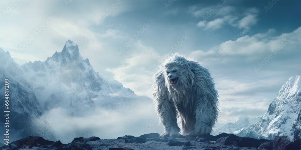 In the heart of the Himalayas, a majestic Yeti stands tall against the backdrop of snow-capped peaks, its white fur contrasting with the deep blues of the mountains, copy space In the heart of the Himalayas, a majestic Yeti stands tall against the backdrop of snow-capped peaks, its white fur contrasting with the deep blues of the mountains, copy space