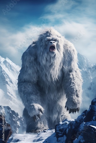 In the heart of the Himalayas, a majestic Yeti stands tall against the backdrop of snow-capped peaks, its white fur contrasting with the deep blues of the mountains, copy space © EOL STUDIOS