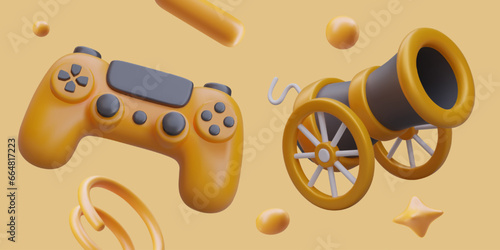 Colorful poster with yellow background for video computer game. Weapon control and battle. 3d realistic game consul and ancient cannon. Vector illustration in 3d style