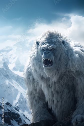 In the heart of the Himalayas, a majestic Yeti stands tall against the backdrop of snow-capped peaks, its white fur contrasting with the deep blues of the mountains, copy space
