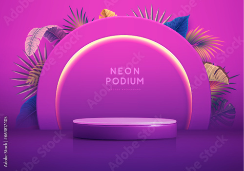 Fluorescent neon showcase background with 3d podium and tropic leaves.  Summer nature concept. Vector illustration