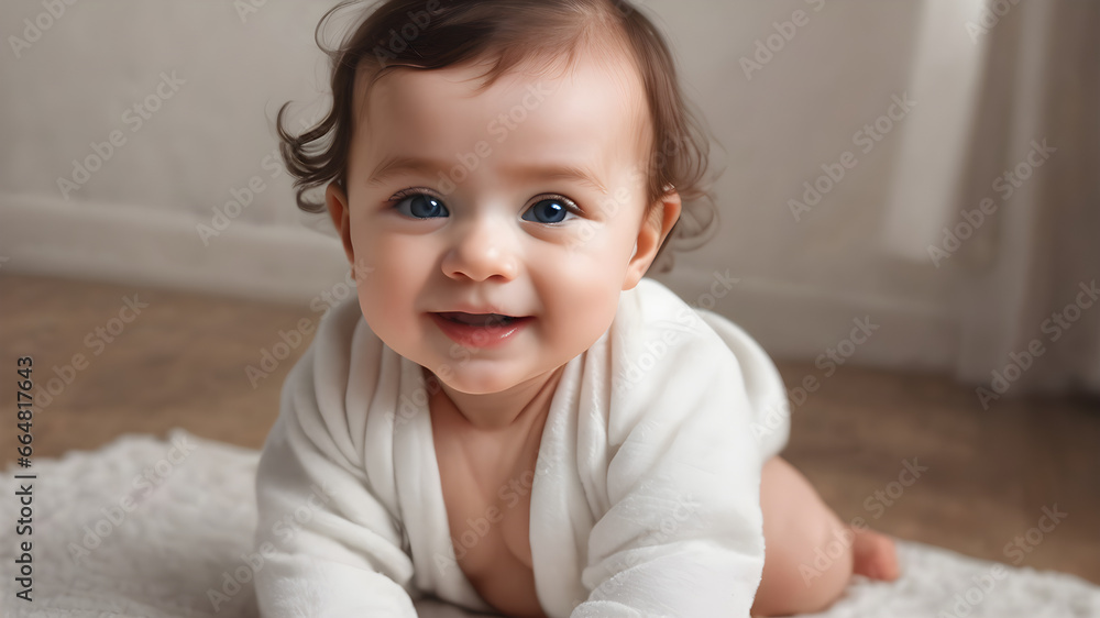 Child wallpaper, Portrait of a baby, Seven-month-old baby child sitting on the bed. Child wallpaper, Portrait of a baby, Seven-month-old baby child sitting on the bed.