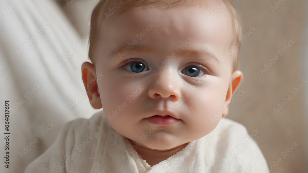 Portrait of a baby, Seven-month-old baby child sitting on the bed. 