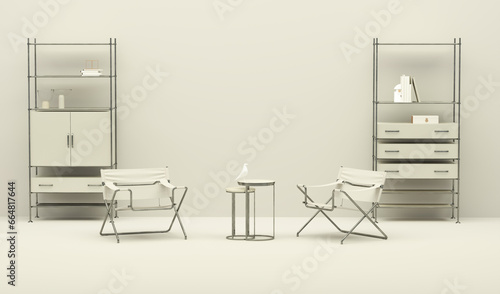 Elegant living room in the interior in pastel monochrome beige color with minimal armchair, shelf decor. 3D rendering for web page, presentation or picture frame backgrounds, stage, fashion © Hihiland