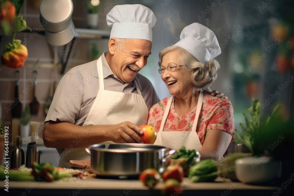 An Elderly Couple Cooking Together And Having Fun