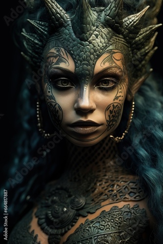 A close-up portrait of a mermaid, her intricate facial tattoos telling ancient tales of the sea